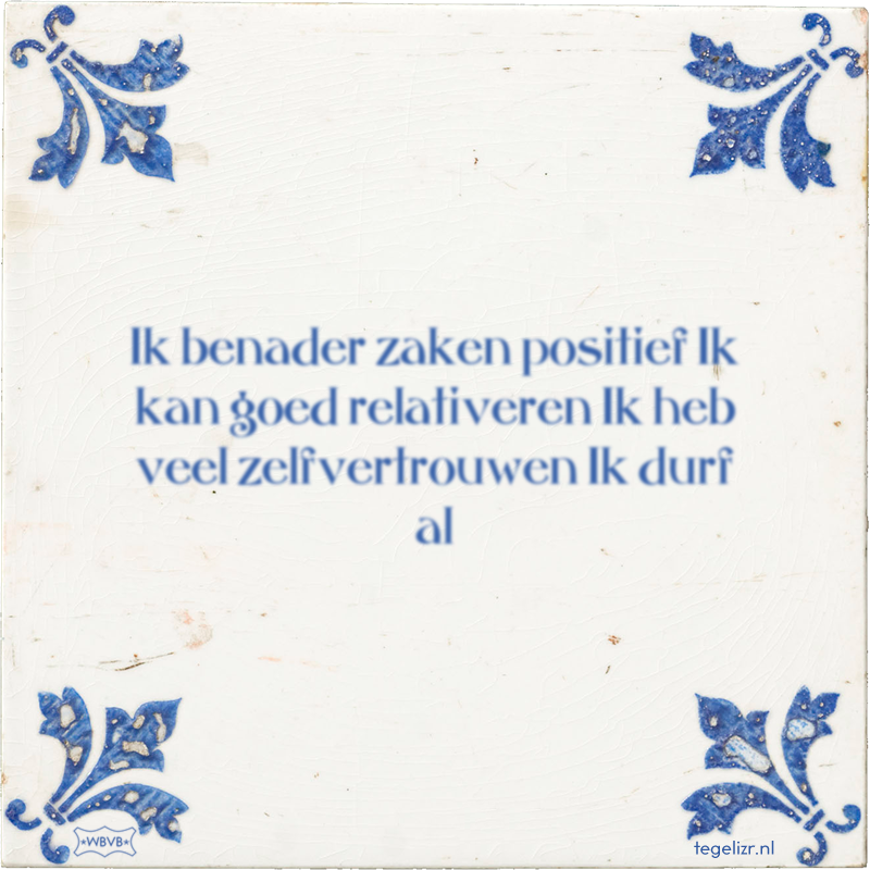 Ik benader zaken positief Ik kan goed relativeren Ik heb veel zelfvertrouwen Ik durf al - Online tegeltjes bakken